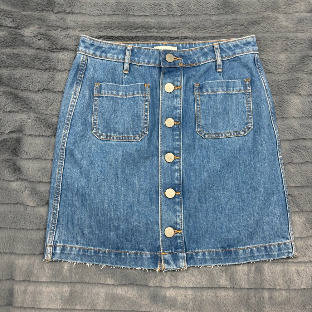 LOFT Outlet Petite Blue Denim Button Front Mini Skirt Raw Hem 2P 465872